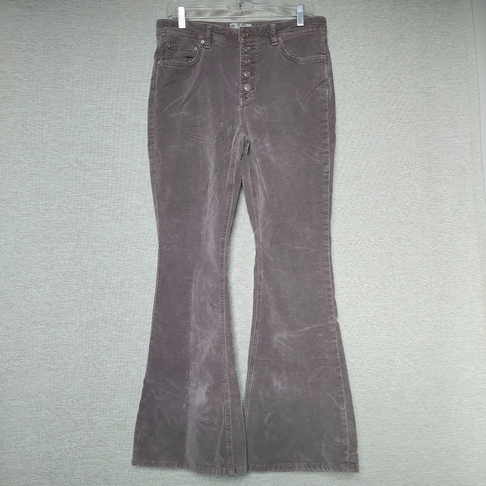 Free People Velvet Taupe High Rise Flare Pants Front Buttons closure